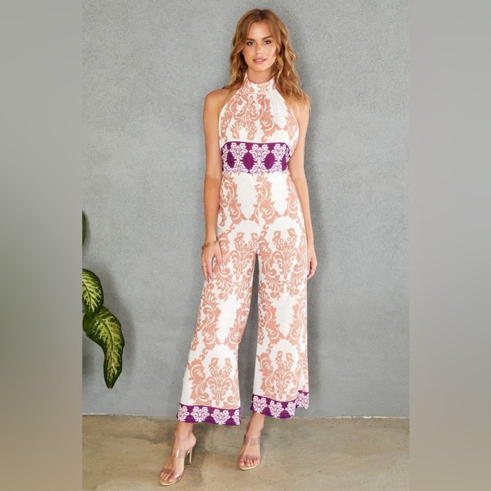 (70279-DAM-WHT) DAMASK PRINT PALAZZO HALTER OPEN BACK JUMPSUIT